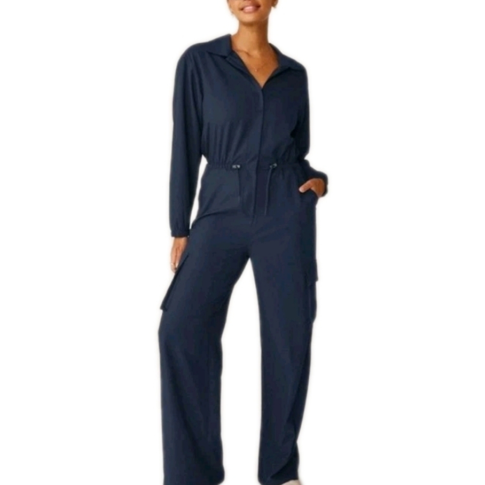 New Beyond Yoga Navy Blue Wide Leg Long Sleeve Jumpsuit Size XL Coveralls Romper